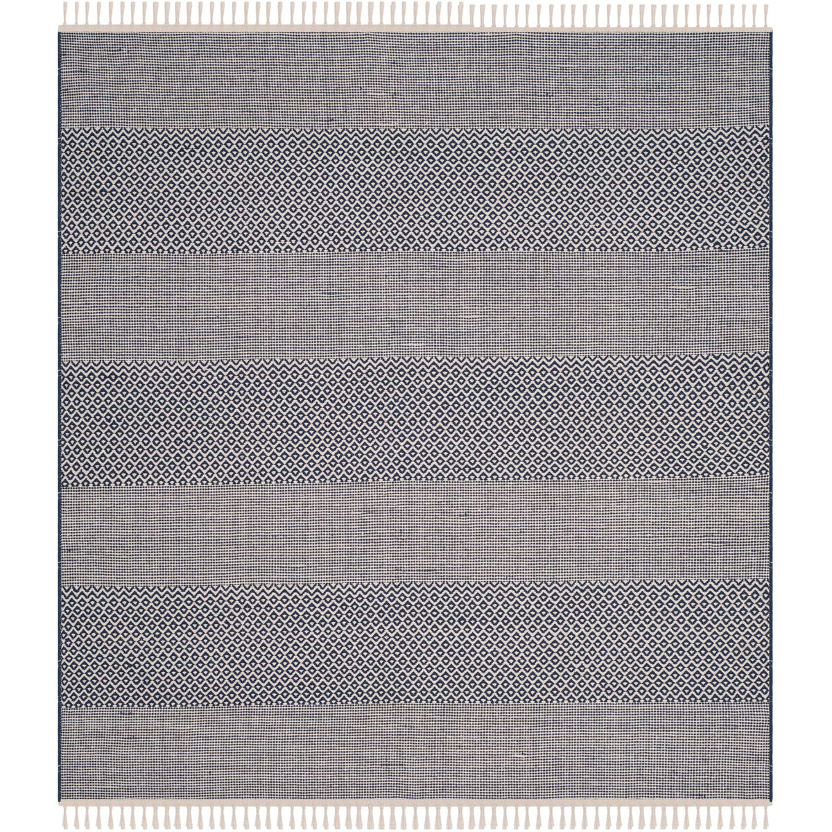Square cotton rug has crisp navy diamond bands, fine ivory lines, and fringed ends