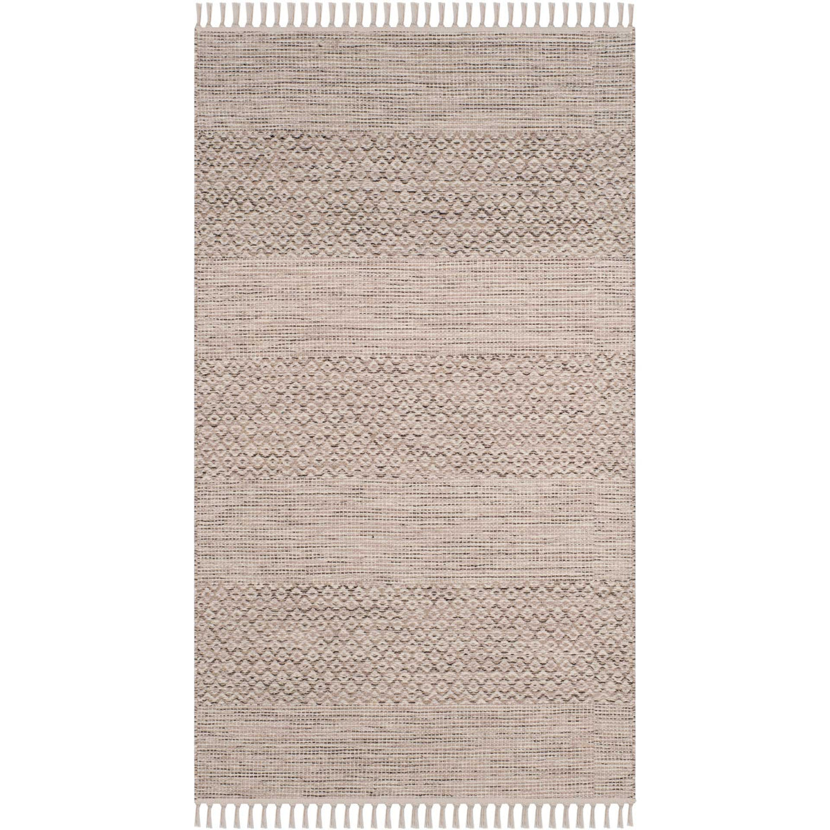 Small ivory and steel gray cotton rug has fine patterned bands and tassel fringe