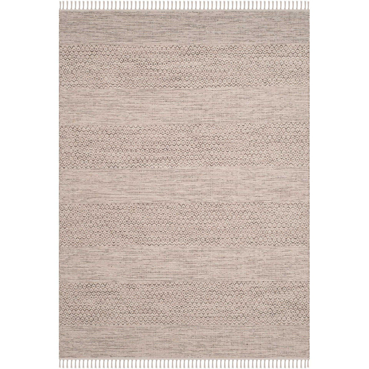 Compact ivory and steel gray rug alternates small woven motifs and airy stripes