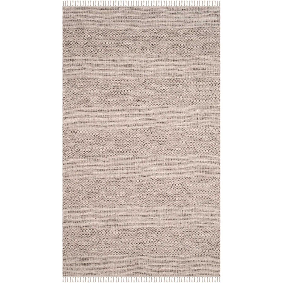 Ivory cotton rug with understated steel gray geometric bands and soft fringed ends
