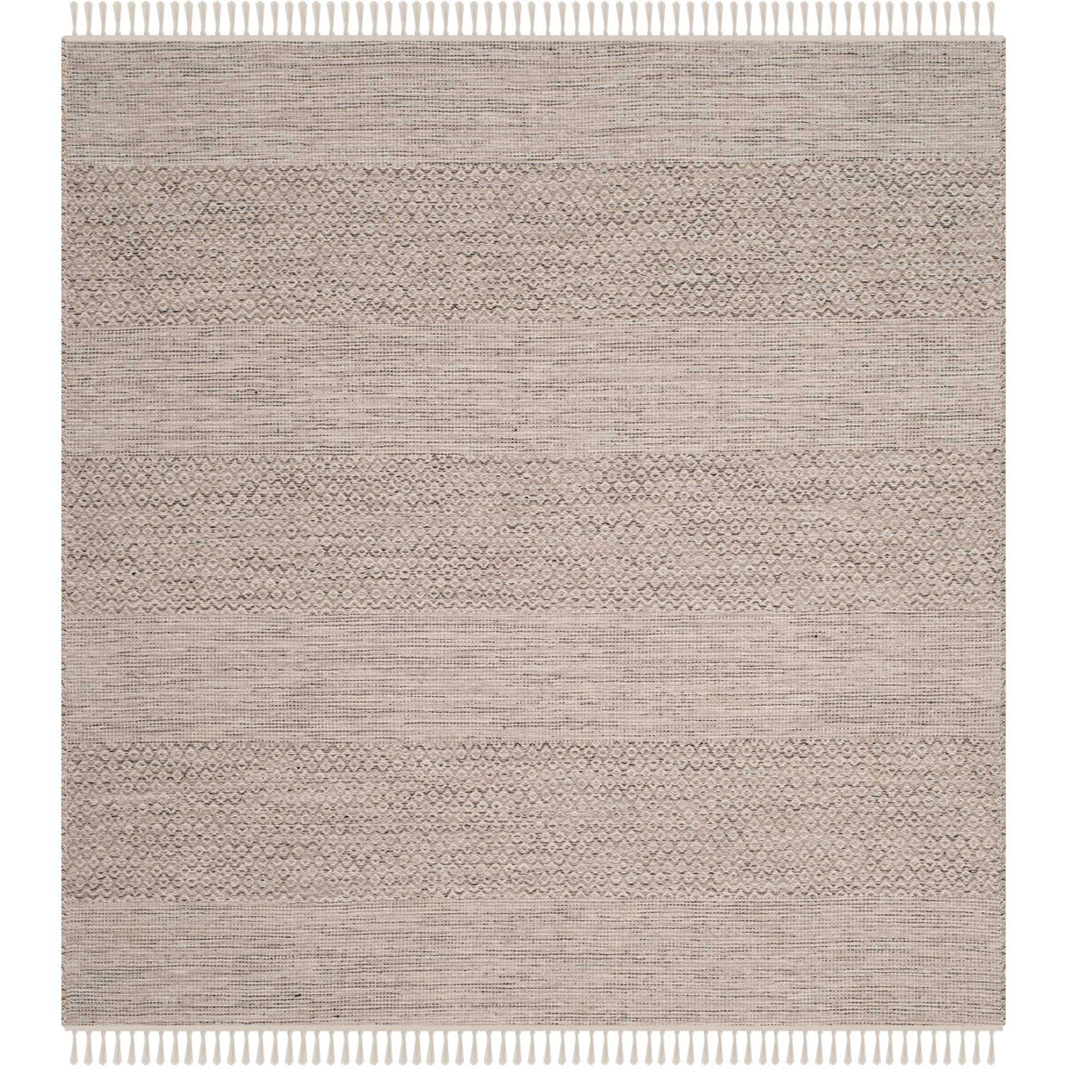 Square ivory and steel gray rug combines delicate textural stripes and fringe