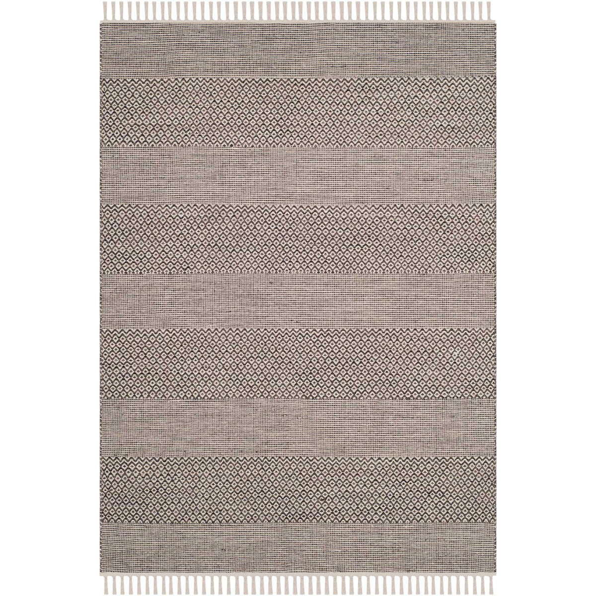 Compact cotton rug layers anthracite diamond patterns over ivory gridwork and tasseled ends