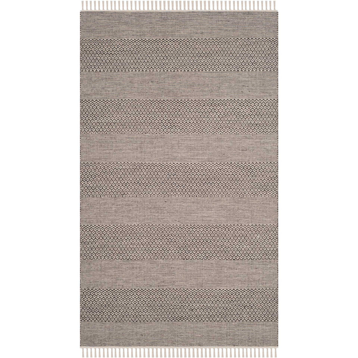 Ivory and anthracite cotton rug combines geometric stripes with fringe at both ends