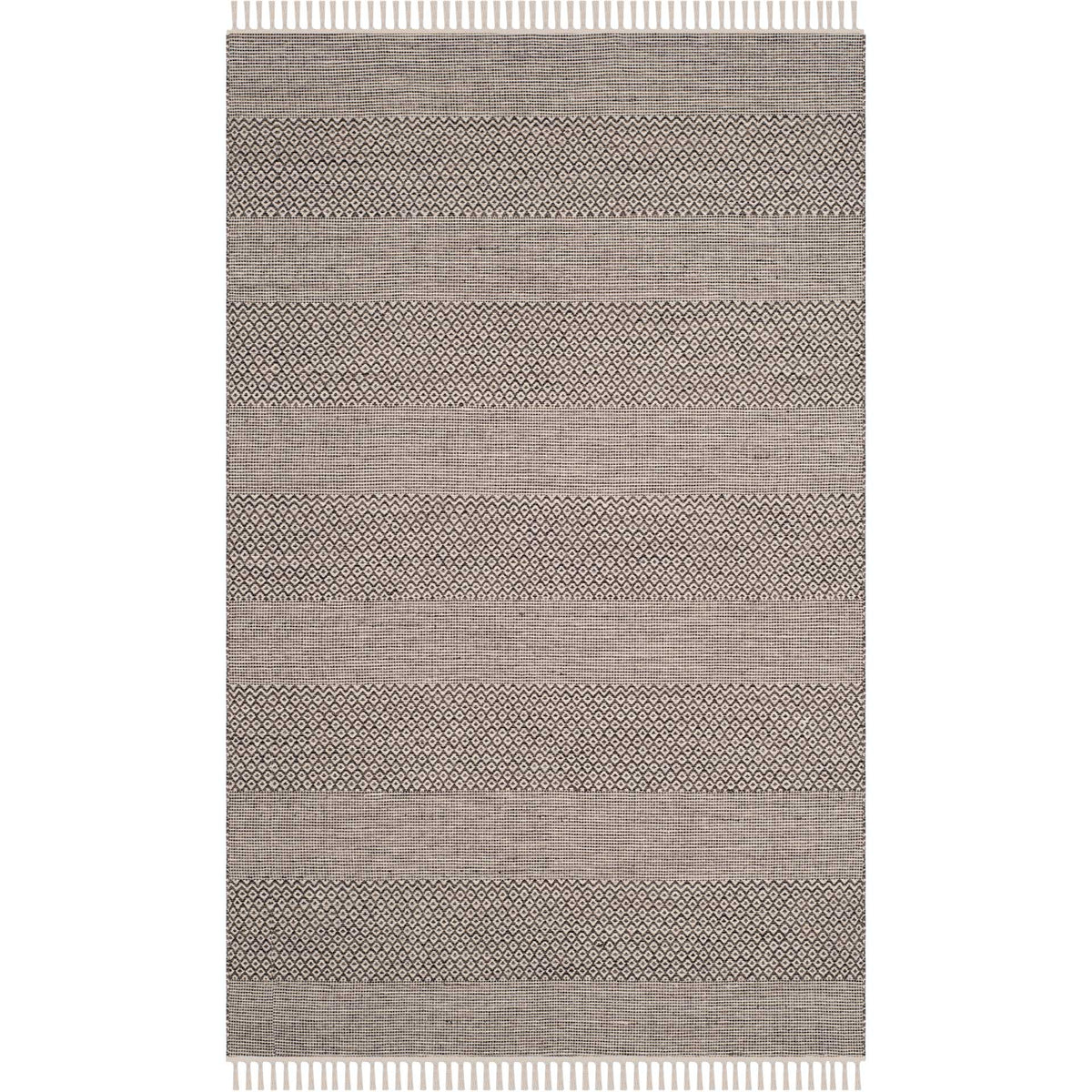 Handwoven cotton rug features rhythmic anthracite diamond bands and ivory fringe