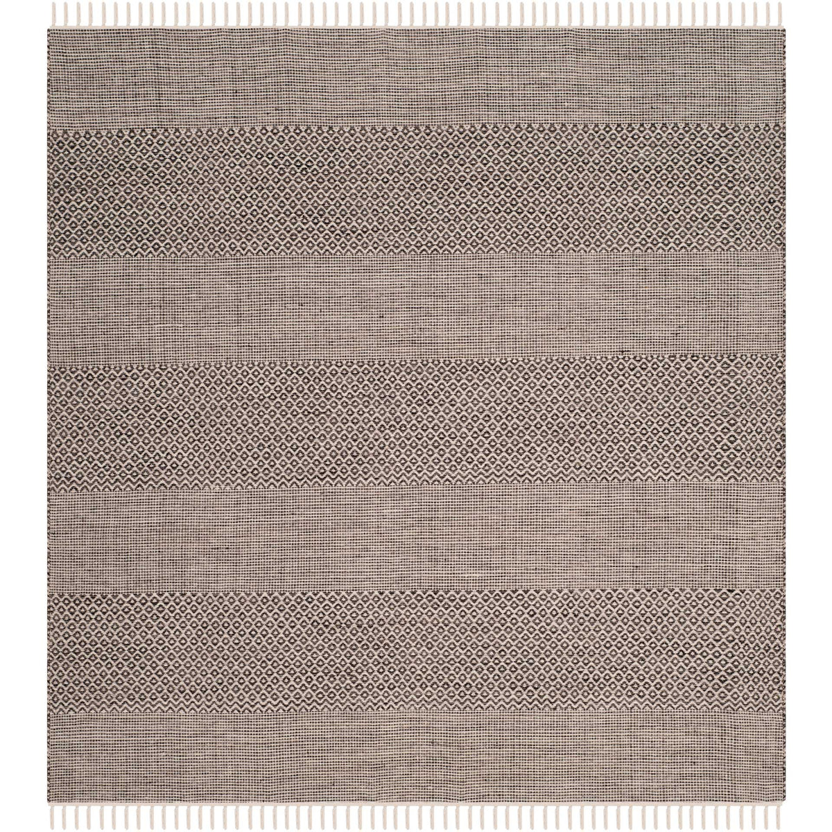 Square ivory and anthracite rug alternates diamond motifs with finely woven stripes