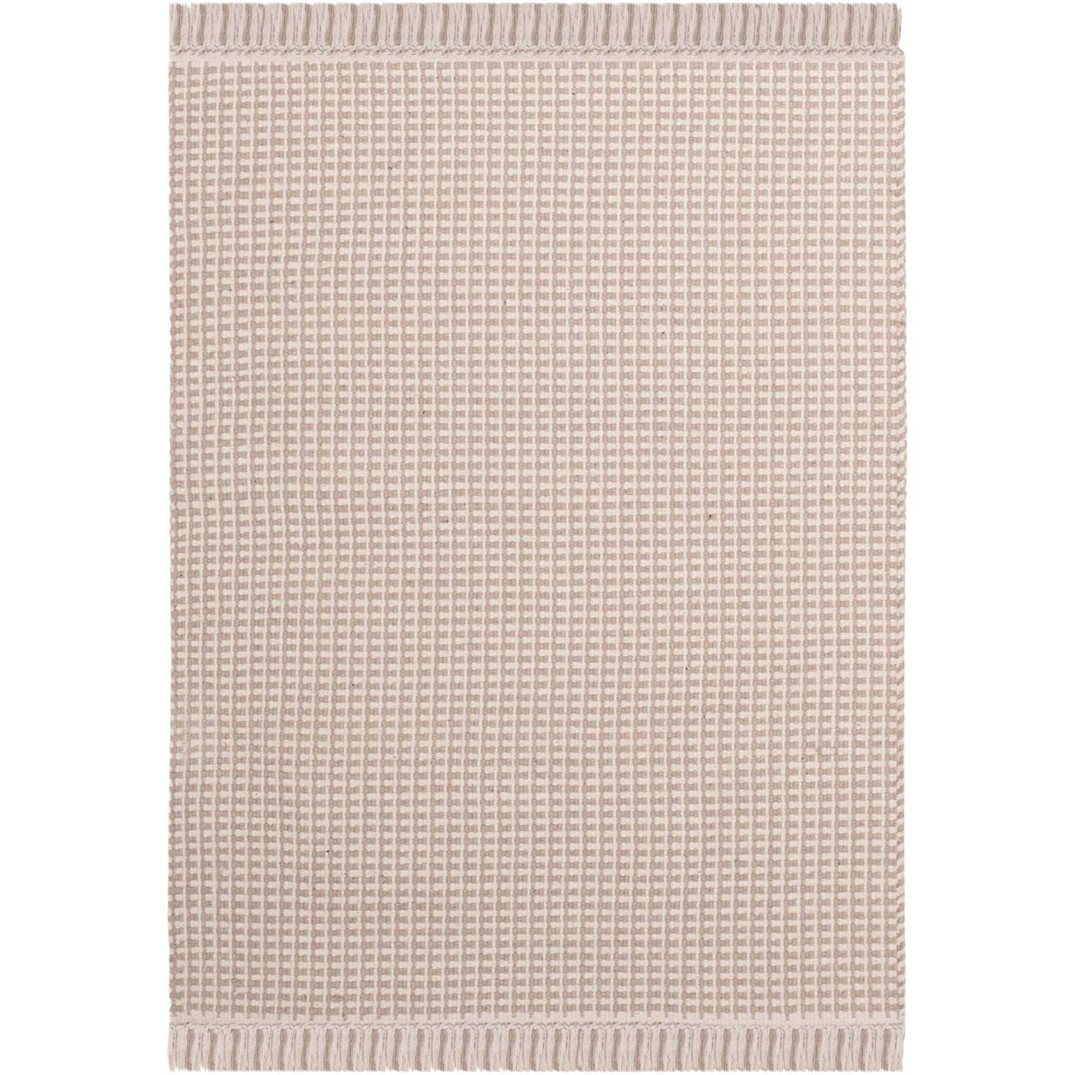 Compact ivory and gray area rug shows a small-scale woven grid and short fringe