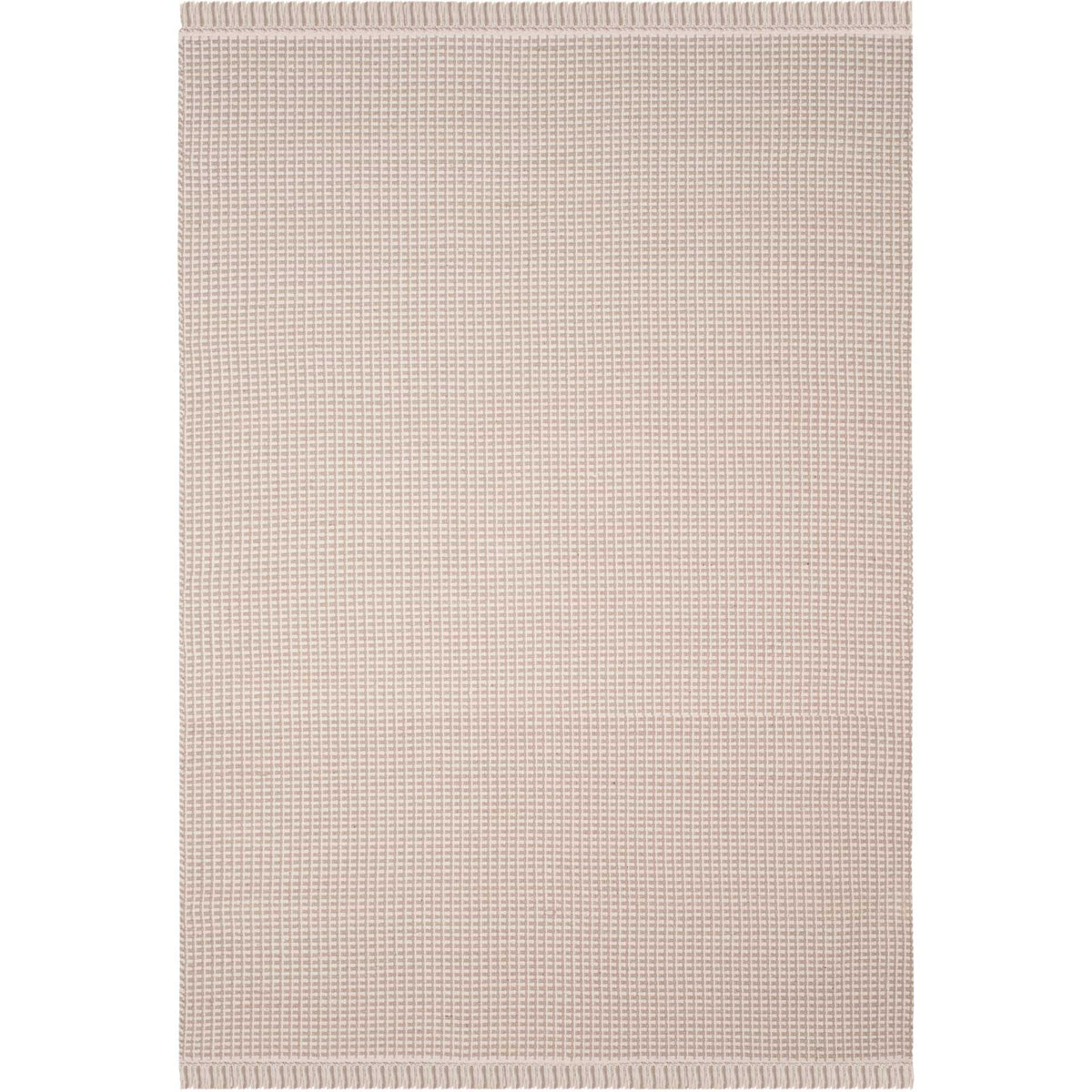 Light ivory and gray cotton rug offers an even woven texture and delicate fringe