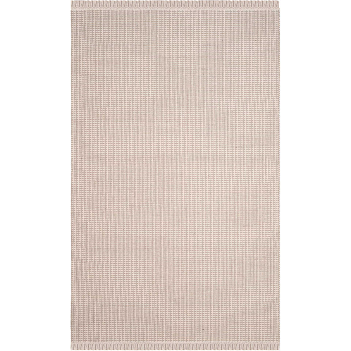 Rectangular cotton rug in muted ivory and gray features a neat weave and fringed ends