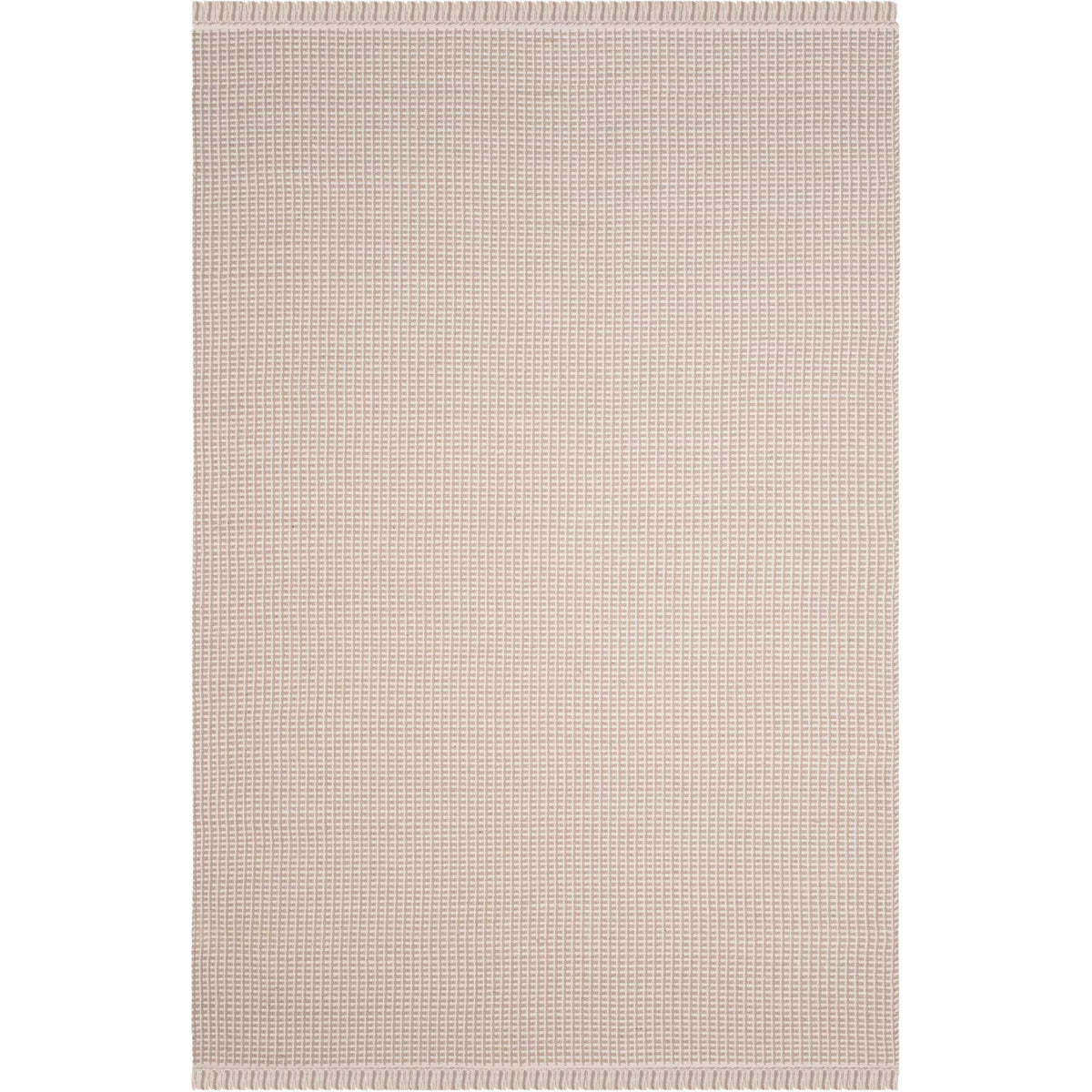 Ivory and gray woven cotton rug with a finely gridded surface and tasseled short edges