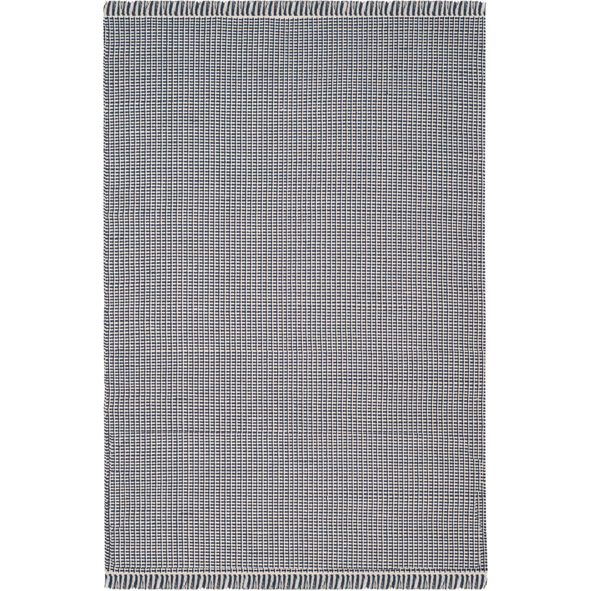 Ivory and navy rectangular rug offers an even woven texture and contrasting fringe