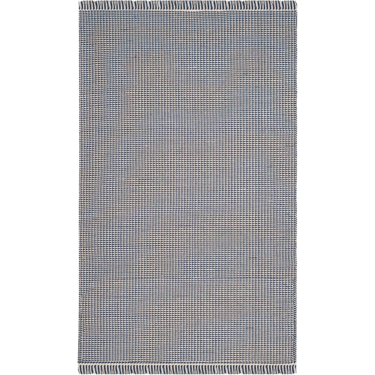 Navy threads weave through ivory in a close grid with fringe on the short ends
