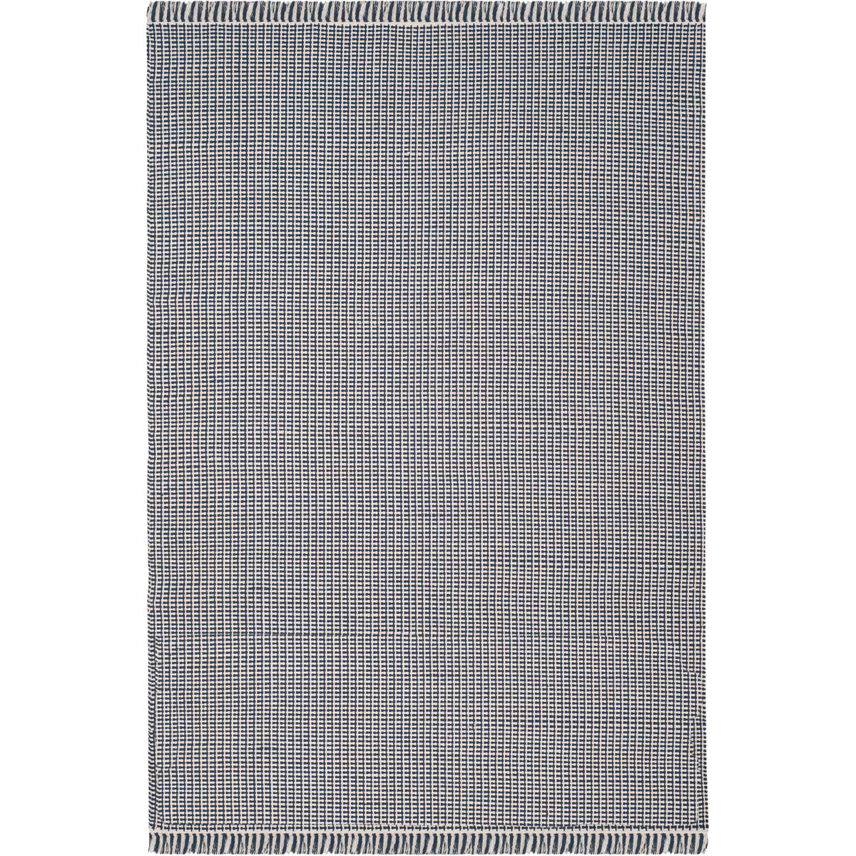 Rectangular navy and ivory rug features an intricate weave and tasseled short sides