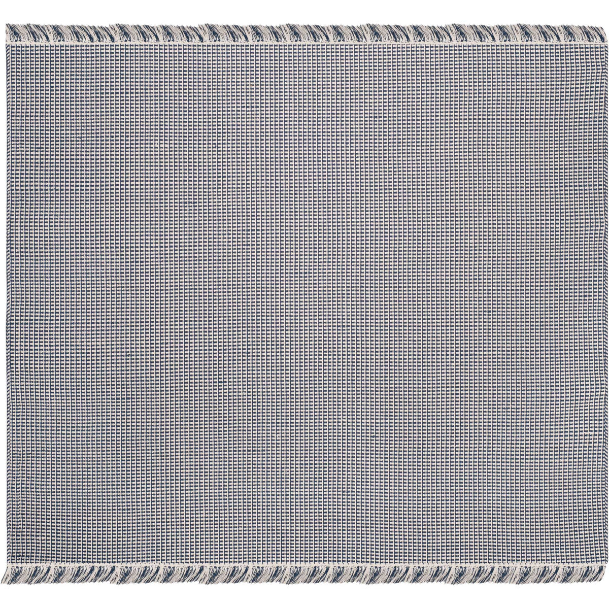 Square navy and ivory cotton rug balances fine woven checks with a fringed finish