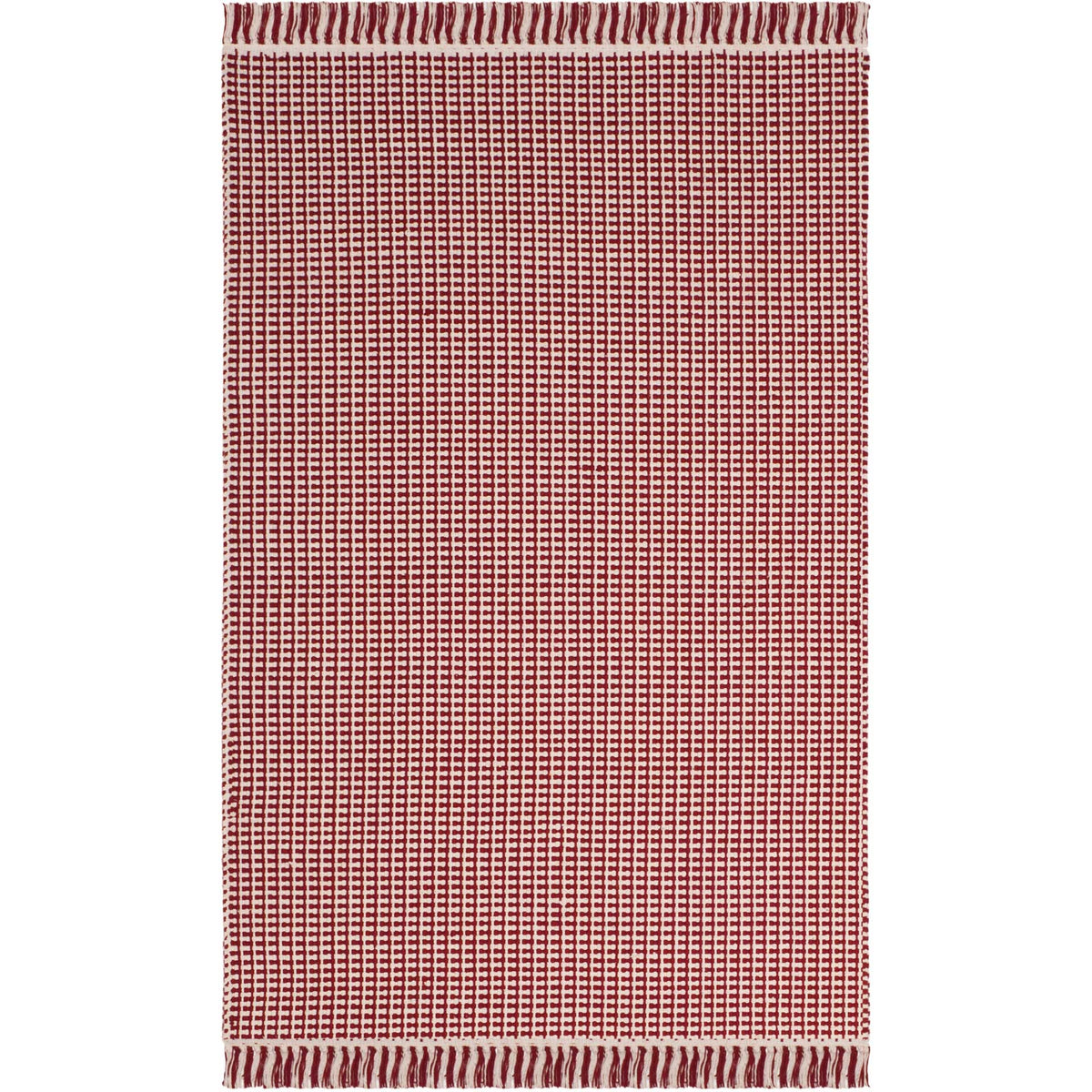 Compact ivory and red rug features a small woven grid and contrasting fringe