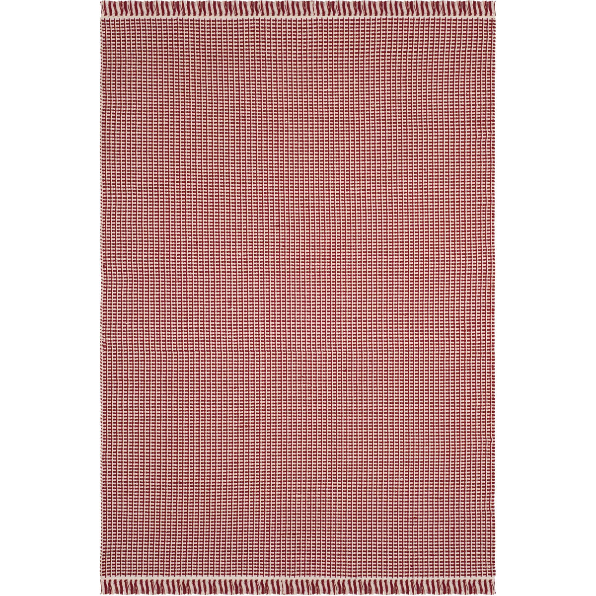 Ivory threads punctuate a rich red woven rug with fringe along its short ends