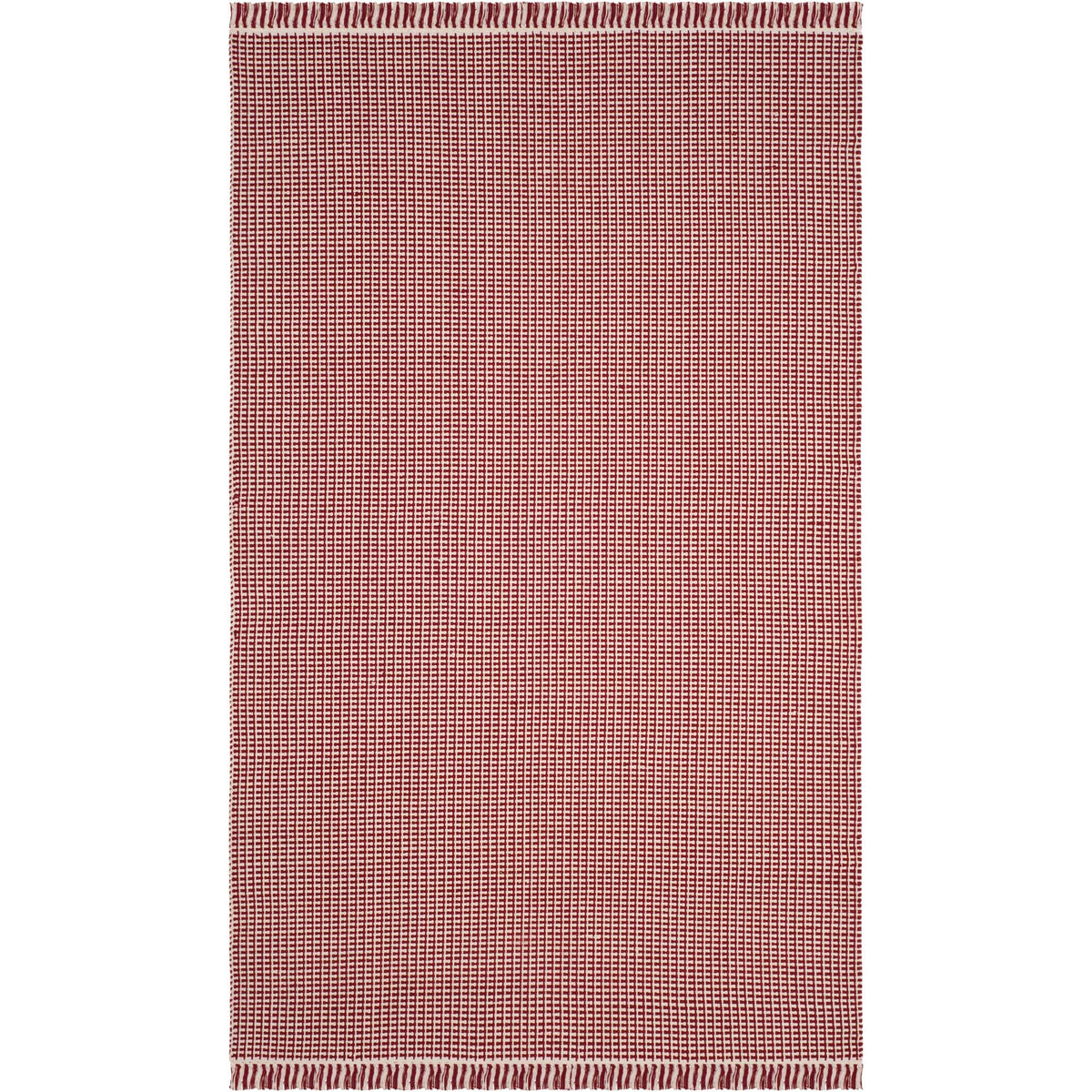 Rectangular red and ivory cotton rug pairs a tight crossweave with tasseled edges