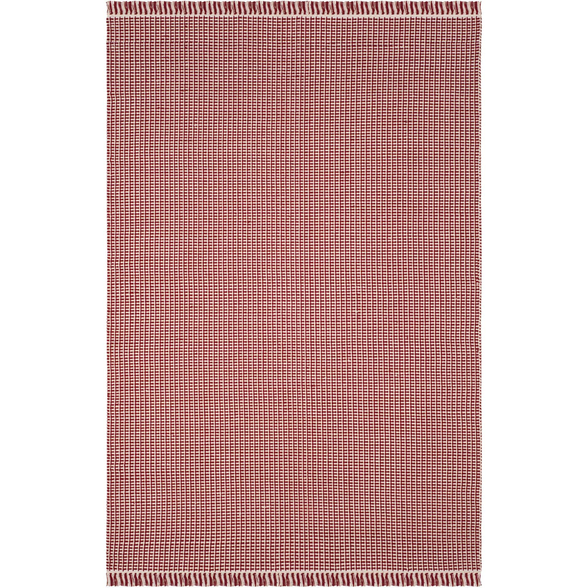 Red and ivory area rug mixes fine woven texture with a lively fringed finish