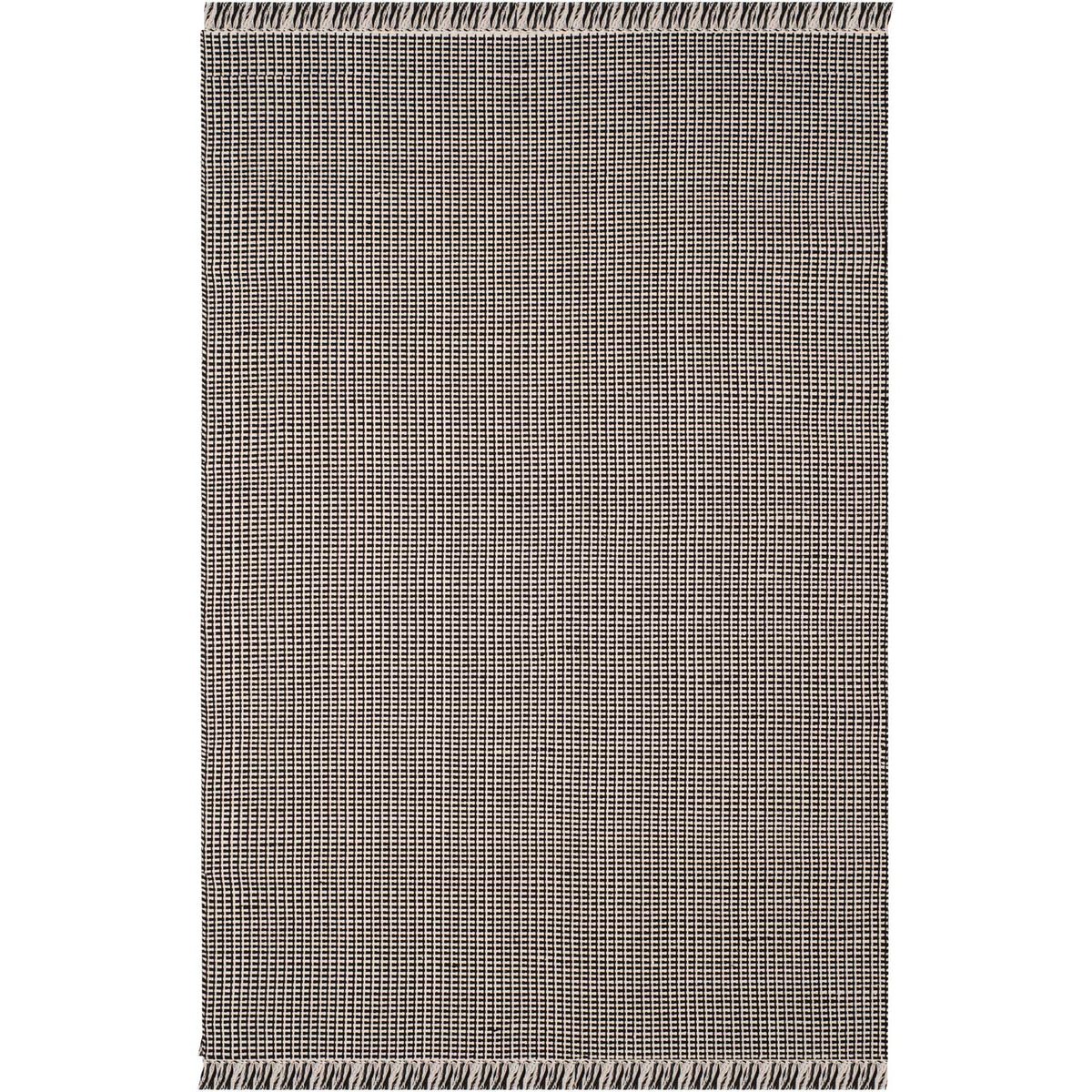 Rectangular cotton rug pairs black threads with ivory in a fine, textured weave