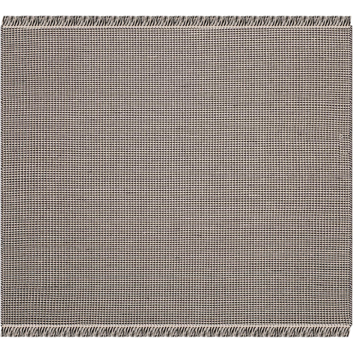 Square ivory and black cotton rug with a textured grid and fringed edges