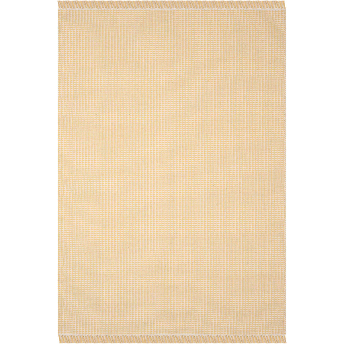 Warm yellow yarns mingle with ivory on a woven cotton rug with fringed ends
