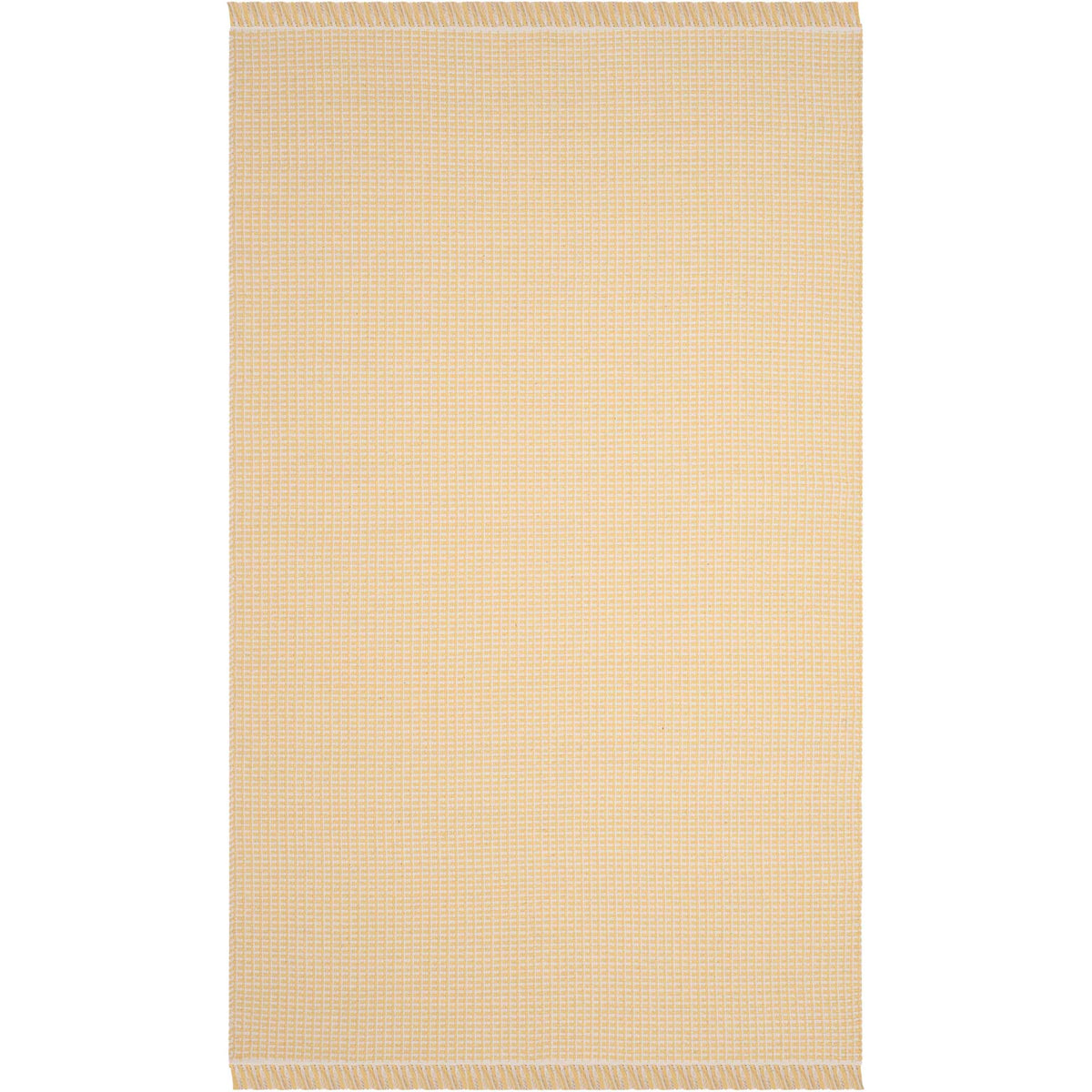 Ivory and soft yellow cotton rug combines a delicate weave with short fringed edges
