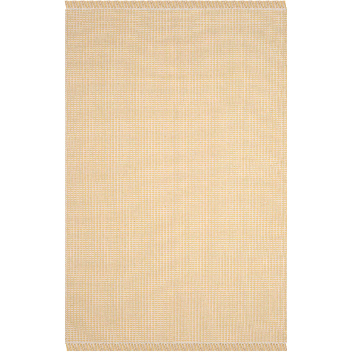 Rectangular yellow and ivory area rug brightens floors with an even weave and tasseled fringe