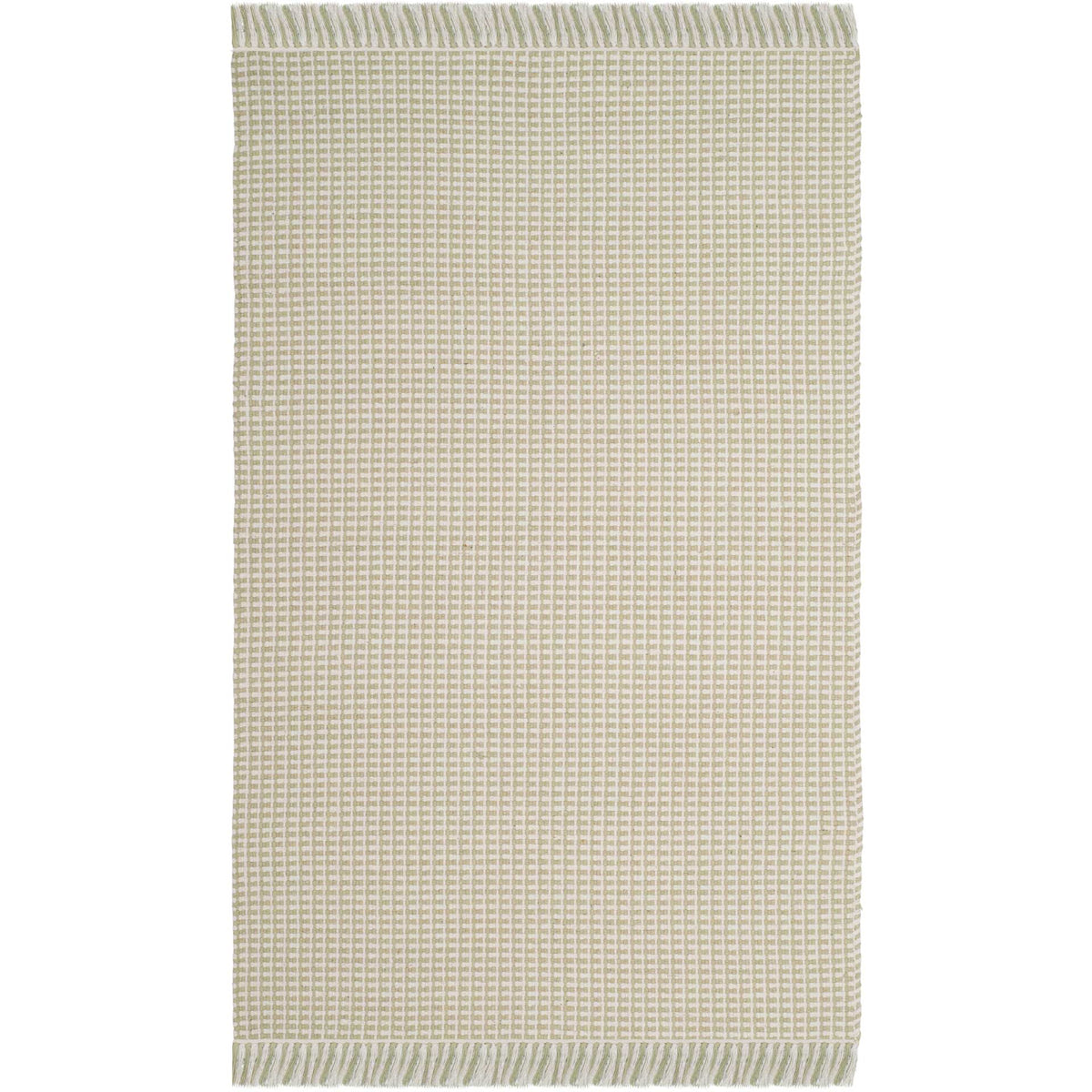 Compact ivory and green area rug showcases a close-set weave and fringed short ends