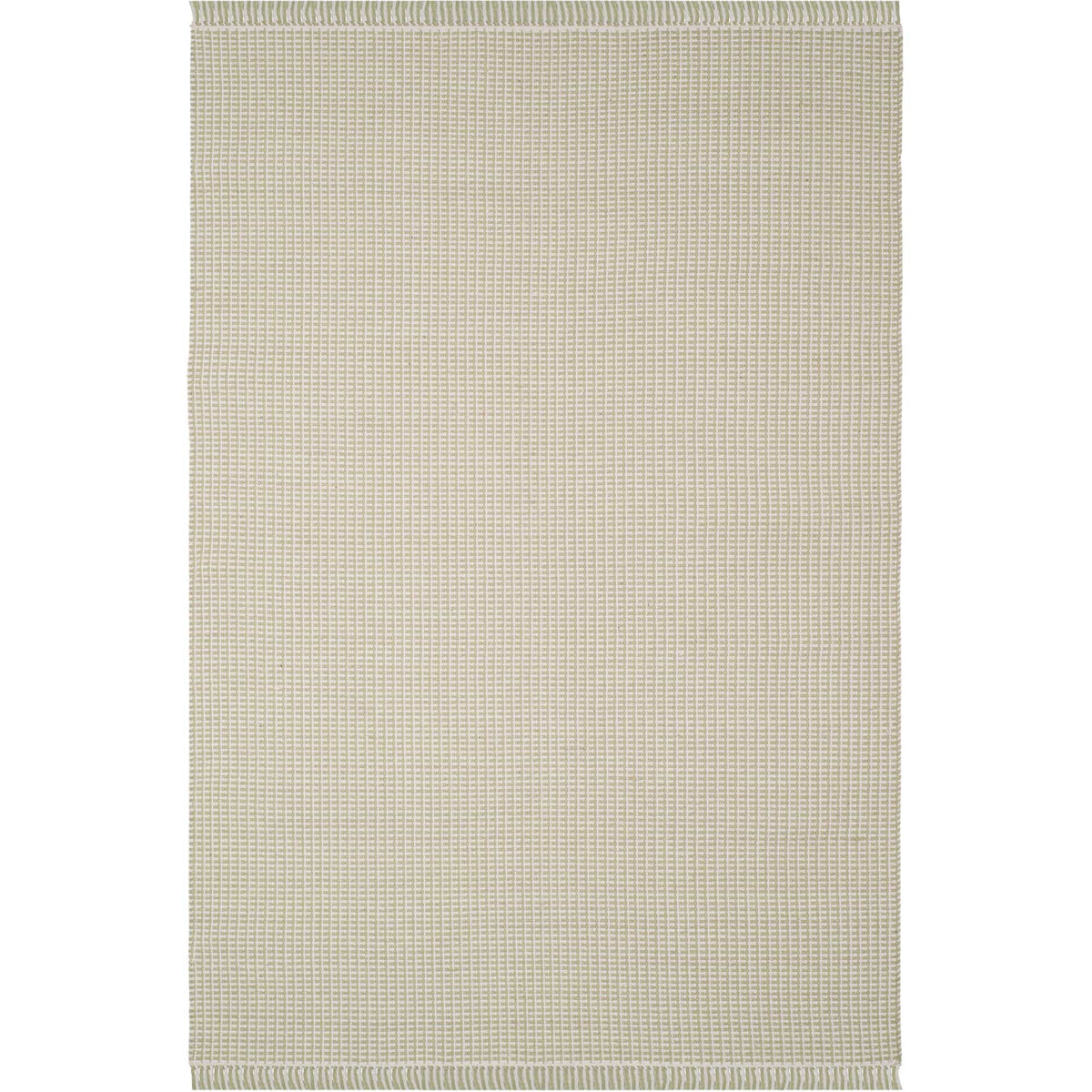 Ivory and pale green cotton rug has a tidy crosswoven texture and tasseled ends