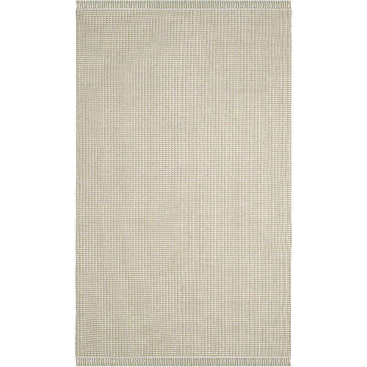 Woven ivory and green cotton rug features gentle color variation and short fringe