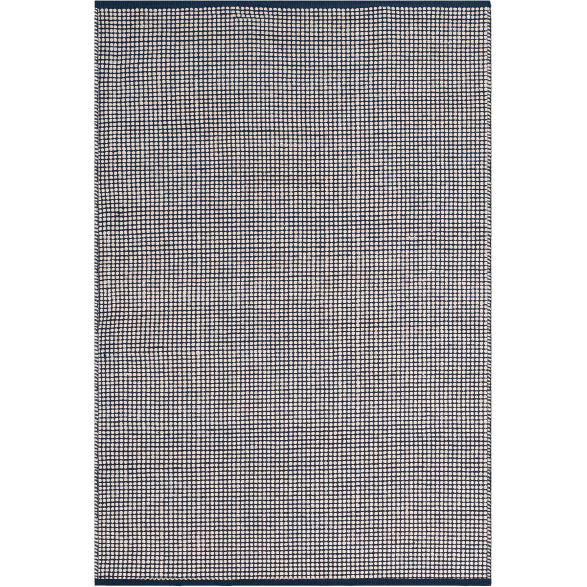 An ivory and navy 3' x 5' cotton rug brings crisp microchecks and dark bound ends.