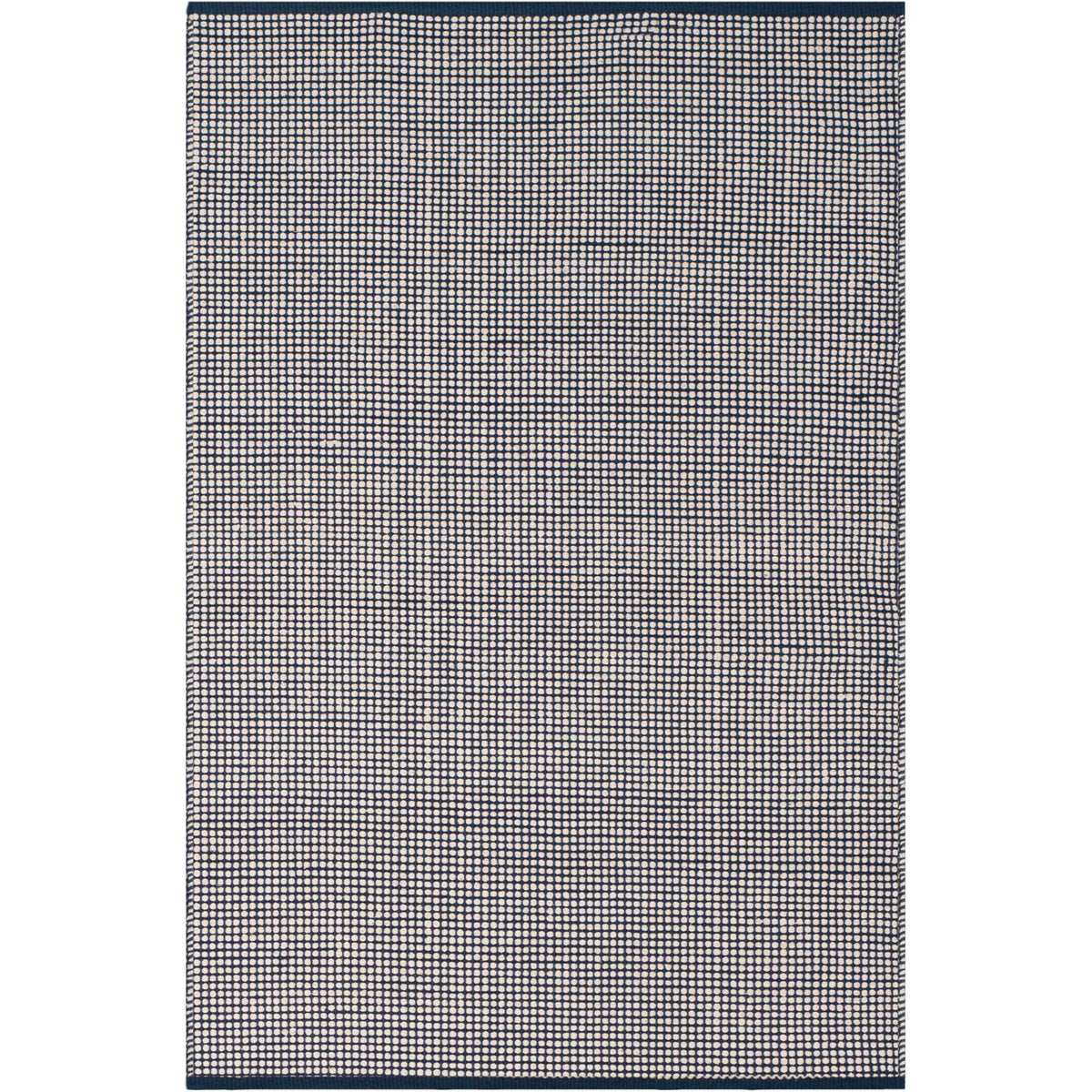An ivory and navy 4' x 6' rug offers a tidy handwoven check and contrasting navy ends.