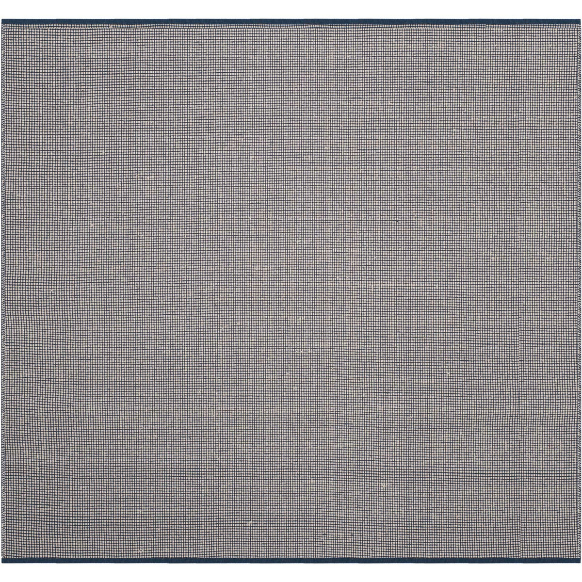 A square 6' x 6' ivory and navy rug pairs tiny woven checks with a navy border.