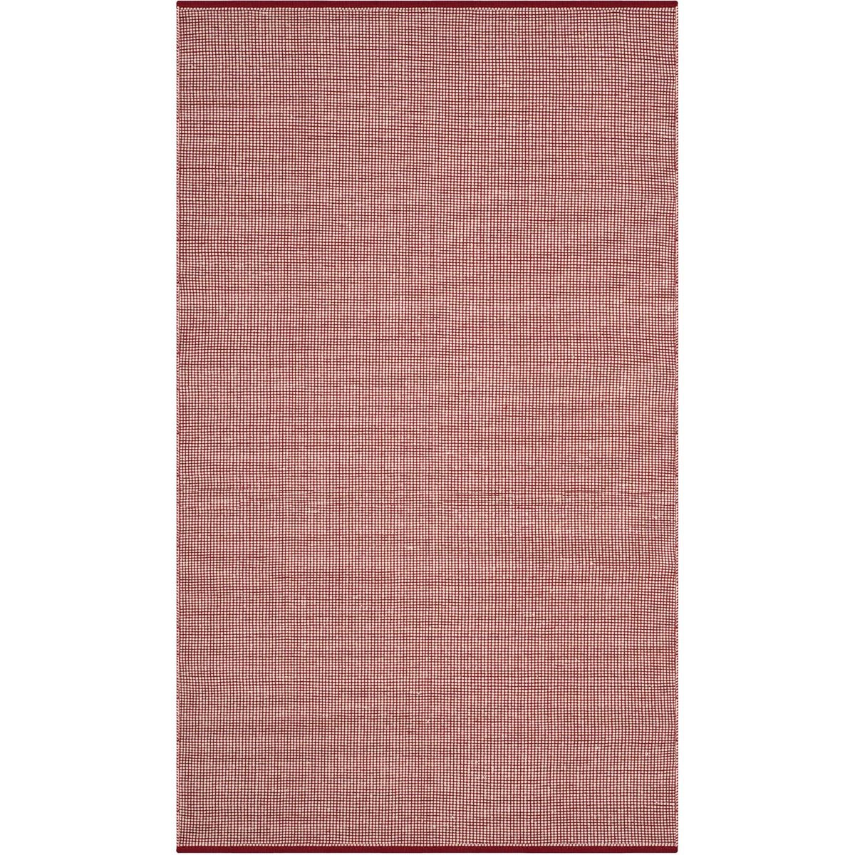 An ivory and red 5' x 8' rug blends closely spaced rows into a lively textured surface.
