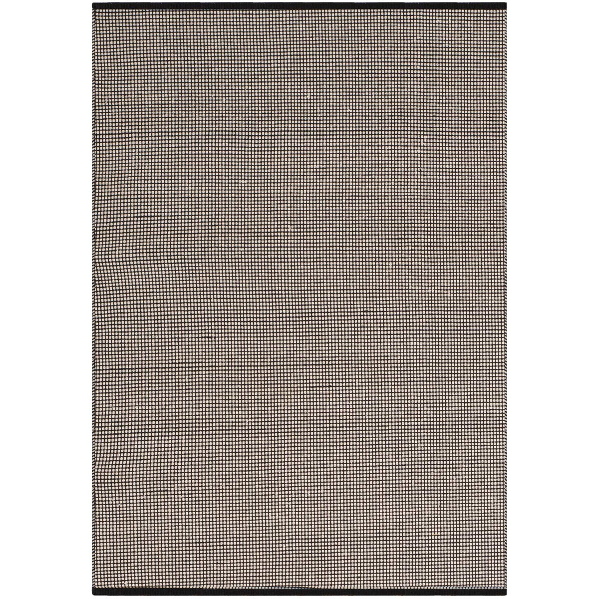 An ivory and black 3' x 5' rug showcases tiny woven checks and dark bound ends.