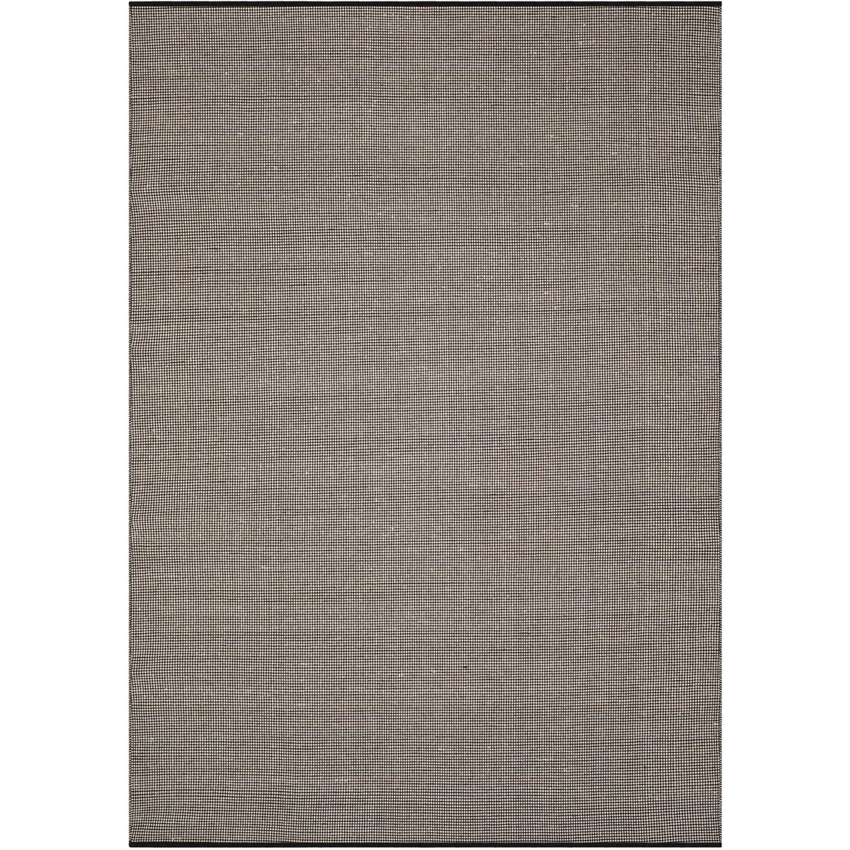 A 5' x 8' cotton rug features a precise ivory-on-black weave and dark finished edges.