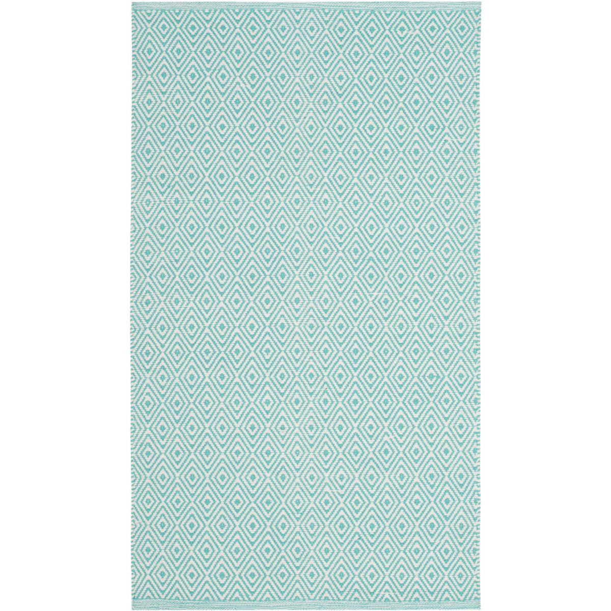 Small cotton accent rug brings an aqua and ivory diamond weave to cozy spaces