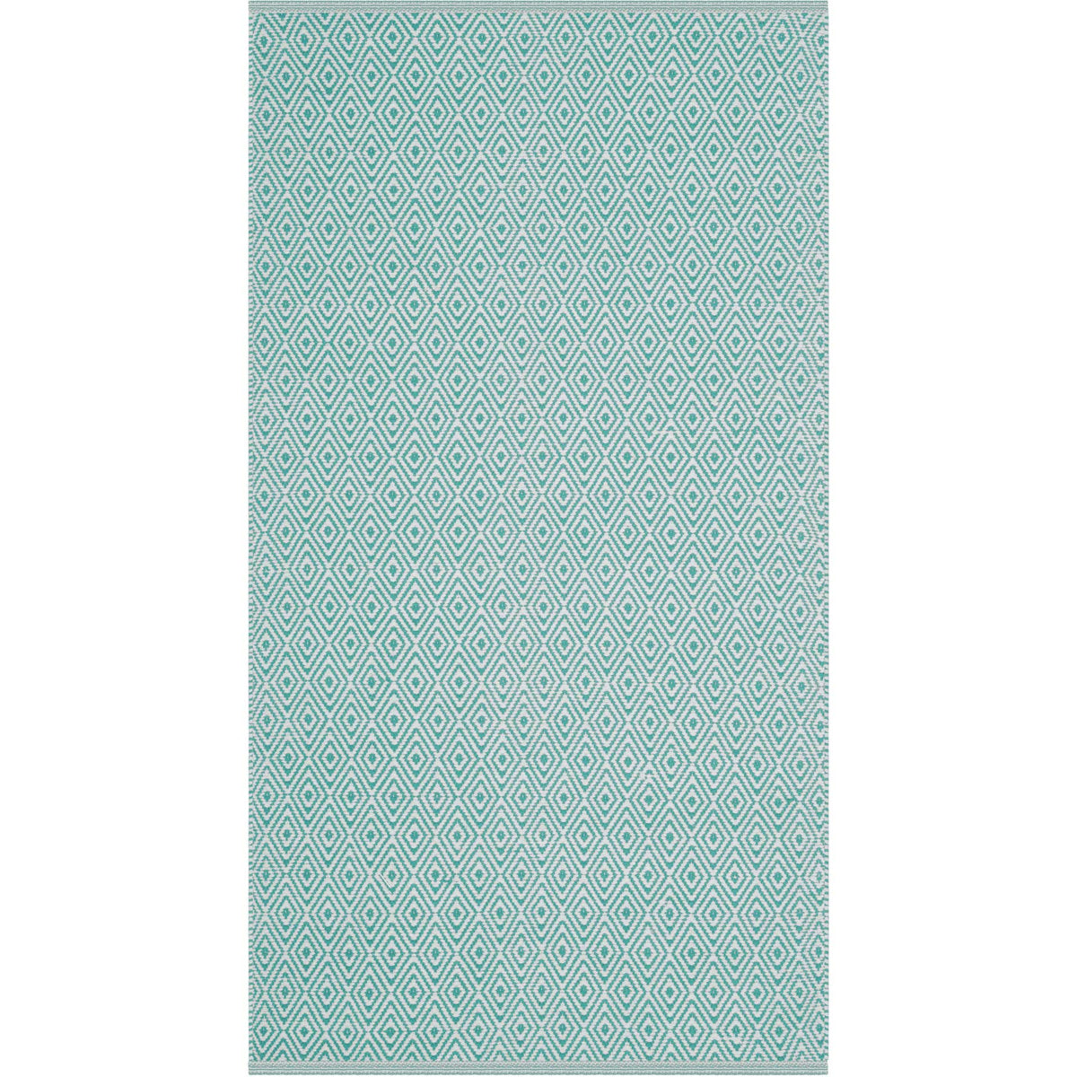 Compact aqua and ivory rug showcases a rhythmic diamond pattern and neatly finished edges