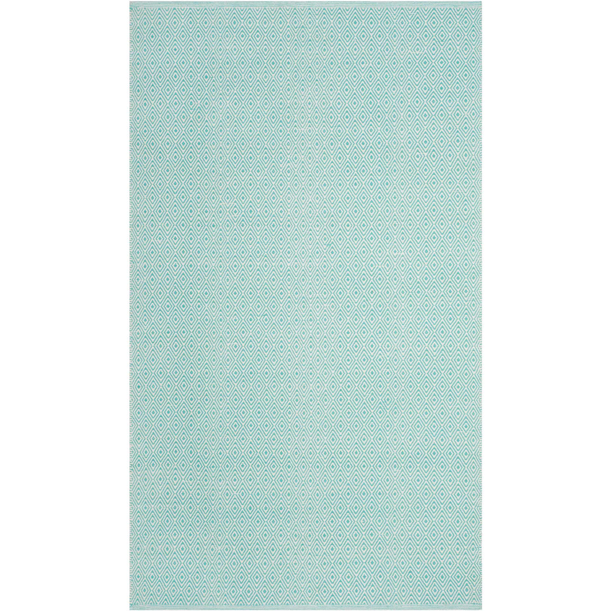 Handwoven cotton rug balances pale aqua tones with rows of tiny ivory diamonds