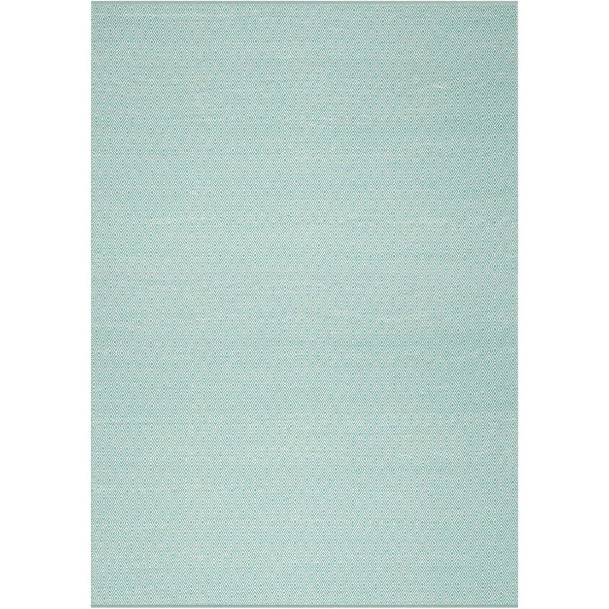 A 6' x 9' aqua and ivory rug pairs airy color with a finely woven diamond pattern