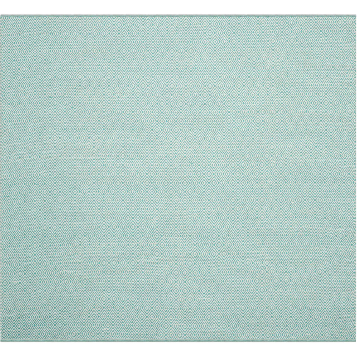 Square ivory and aqua rug with a crisp border and closely spaced diamond motifs