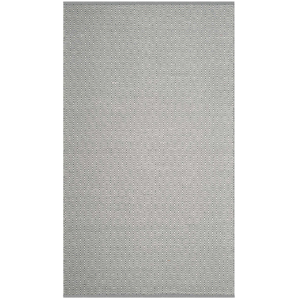 A 6' x 9' gray and ivory rug pairs a dense diamond weave with clean finished edges