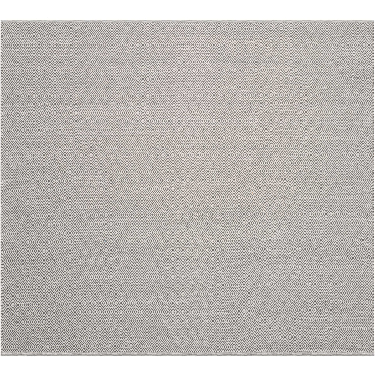 Square ivory and gray rug brings a neatly bordered grid of woven diamonds