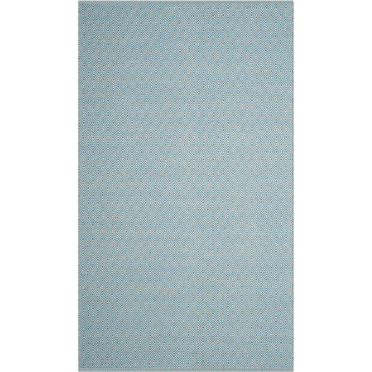 Blue diamonds spread evenly across a handwoven ivory cotton area rug