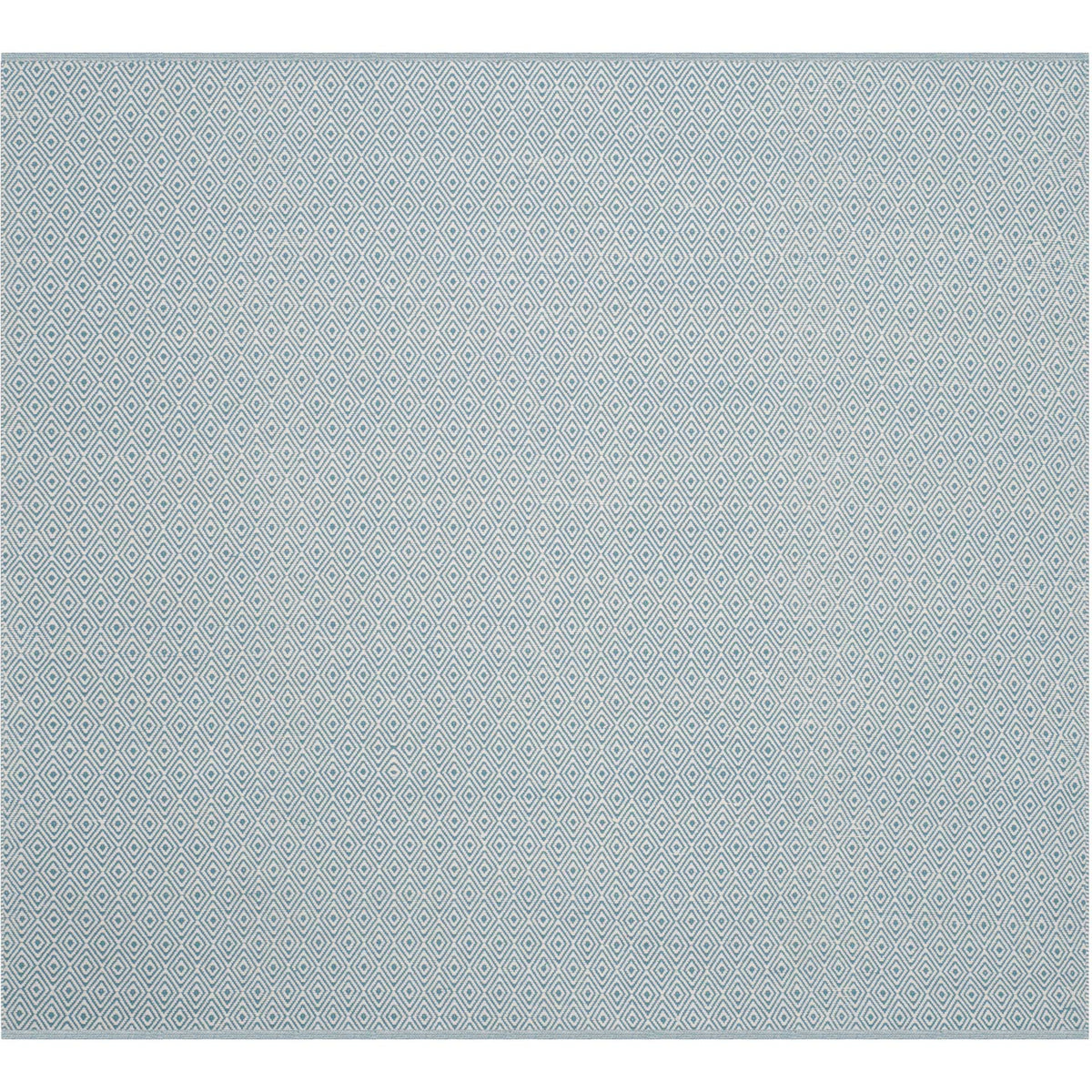Square ivory and light blue rug displays rows of small diamonds and a clean border