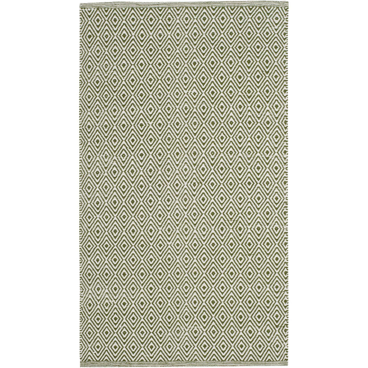Small ivory and green accent rug displays crisp repeating diamonds and a slim border