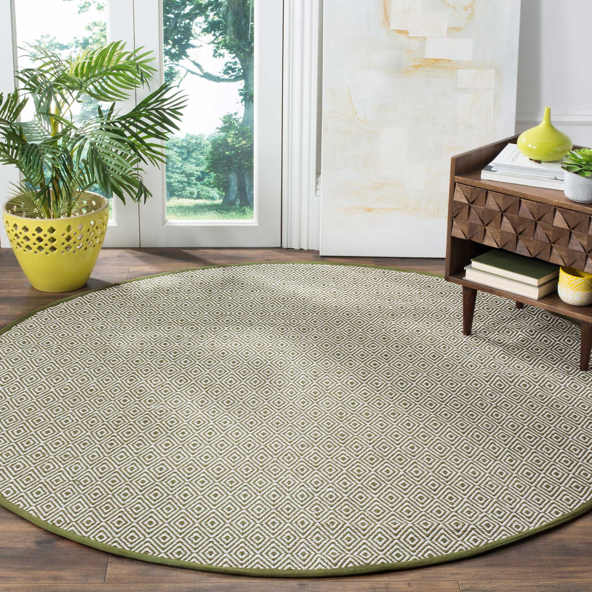Olive green and ivory diamonds lend earthy pattern to a cozy living space.