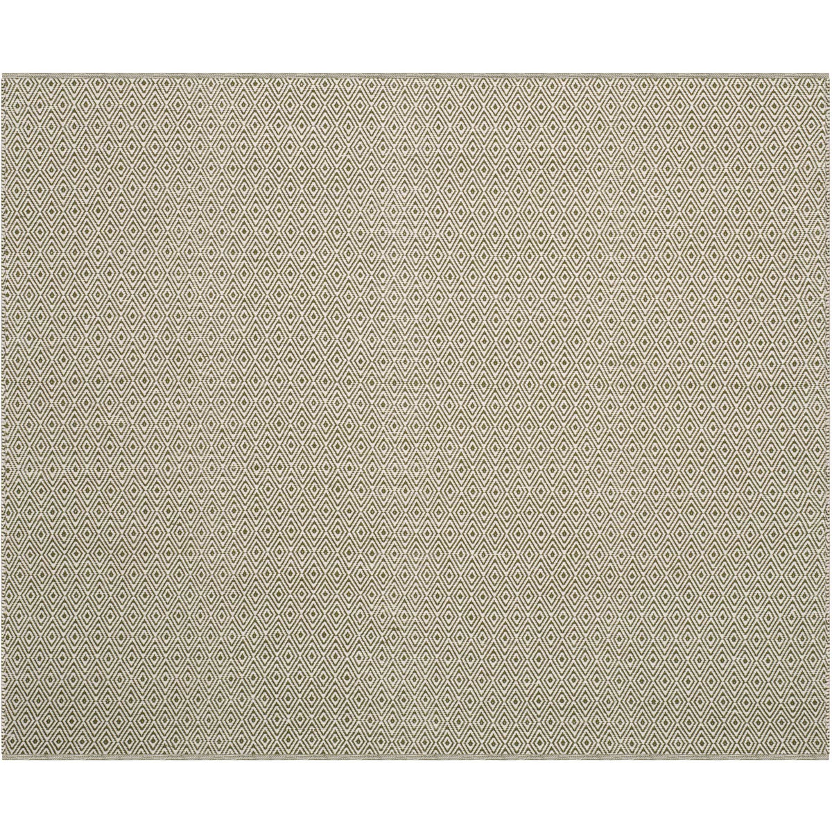 Square ivory and green rug centers a tight geometric diamond weave