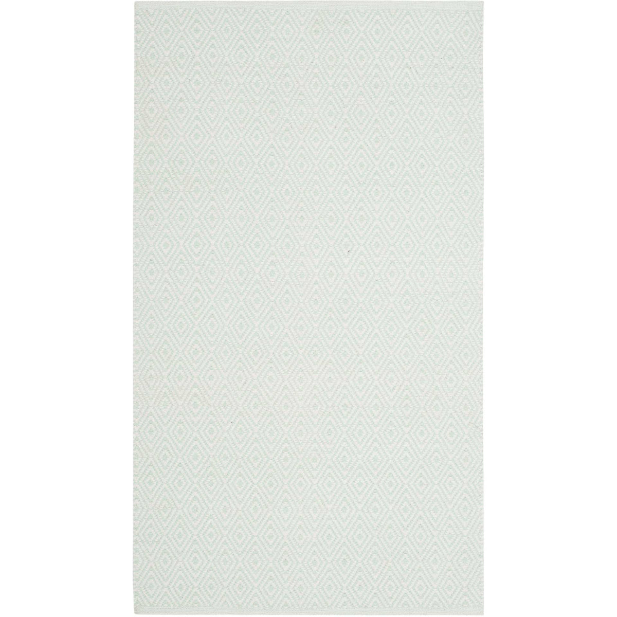 Small ivory accent rug carries a delicate foam green diamond weave