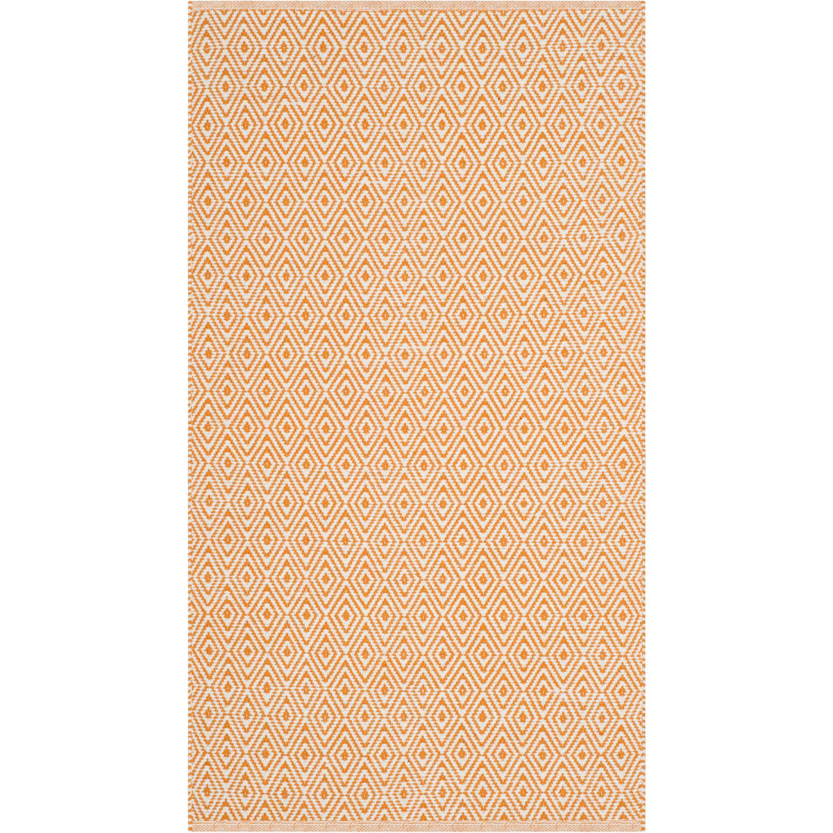 Small cotton accent rug brings vivid rust diamonds and ivory contrast to the floor