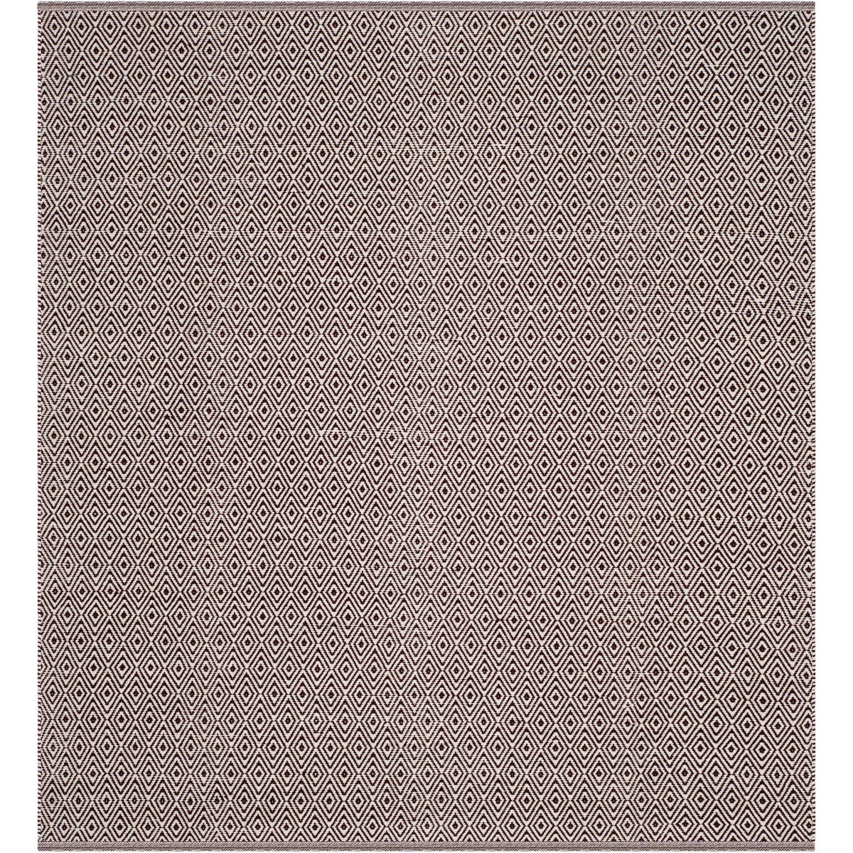 Square cotton rug features a dense ivory and chocolate diamond lattice with narrow borders